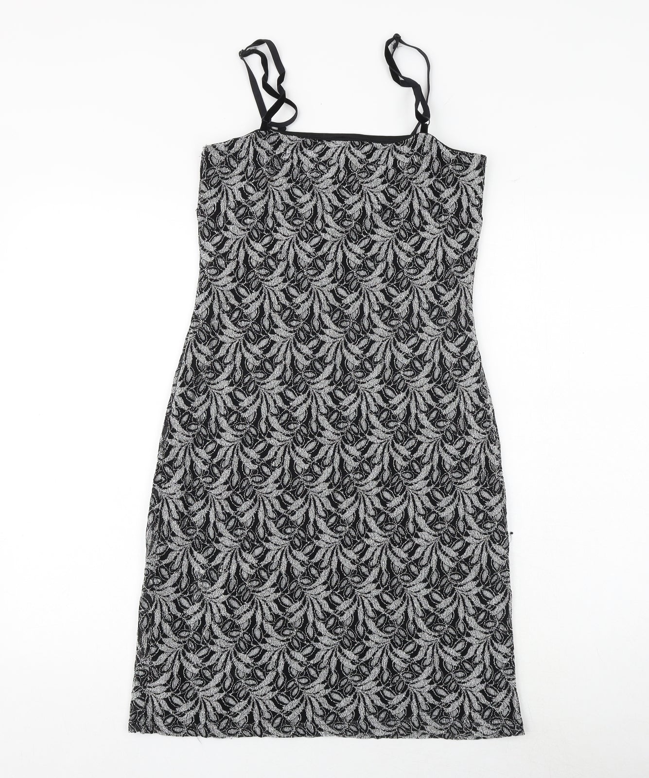 New Look Womens Black Geometric Nylon Slip Dress Size 12 Square Neck