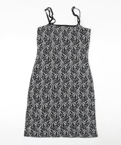 New Look Womens Black Geometric Nylon Slip Dress Size 12 Square Neck