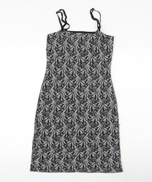 New Look Womens Black Geometric Nylon Slip Dress Size 12 Square Neck