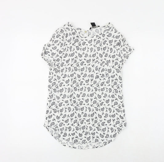 H&M Womens White Paisley Viscose Basic Blouse Size 8 Boat Neck