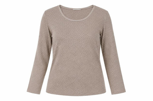 Front view of Canada women’s brown polyester basic t-shirt, size XS, boat neck - textured