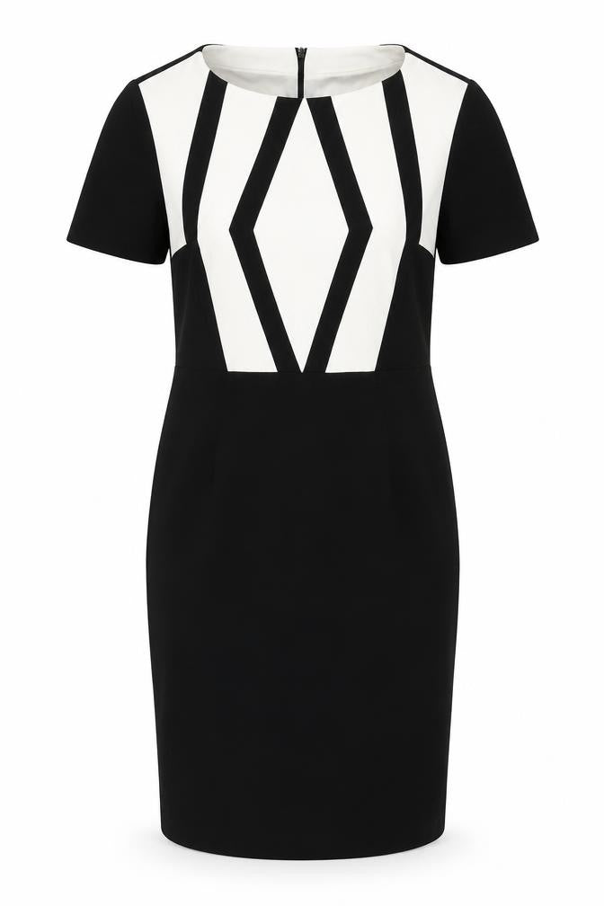 Marks and Spencer Womens Black Geometric Polyester Shift Size 10 Round Neck Zip