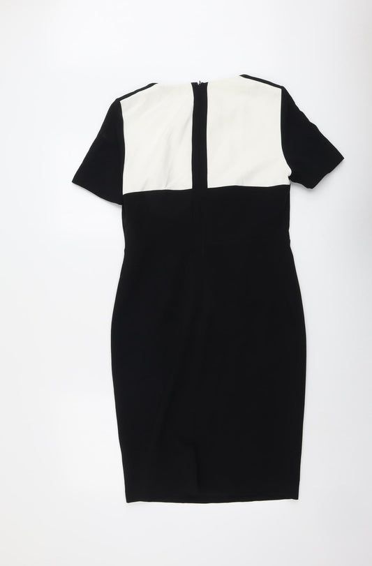 Marks and Spencer Womens Black Geometric Polyester Shift Size 10 Round Neck Zip