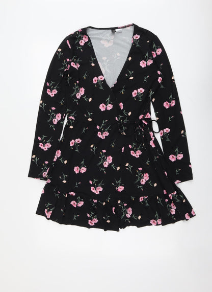 H&M Womens Black Floral Polyester A-Line Size S V-Neck Tie