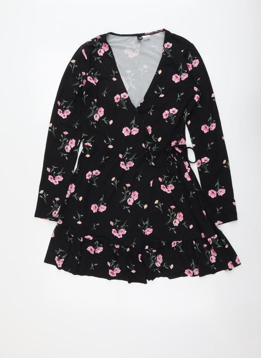H&M Womens Black Floral Polyester A-Line Size S V-Neck Tie
