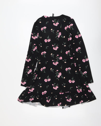H&M Womens Black Floral Polyester A-Line Size S V-Neck Tie