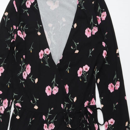 H&M Womens Black Floral Polyester A-Line Size S V-Neck Tie
