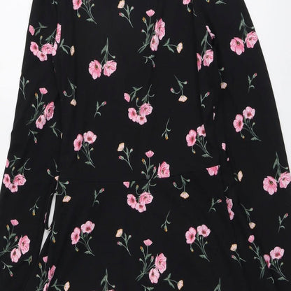 H&M Womens Black Floral Polyester A-Line Size S V-Neck Tie