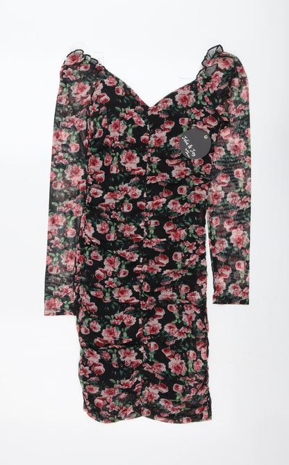 Jolie & Joy Womens Black Floral Polyester Bodycon Size S V-Neck Pullover