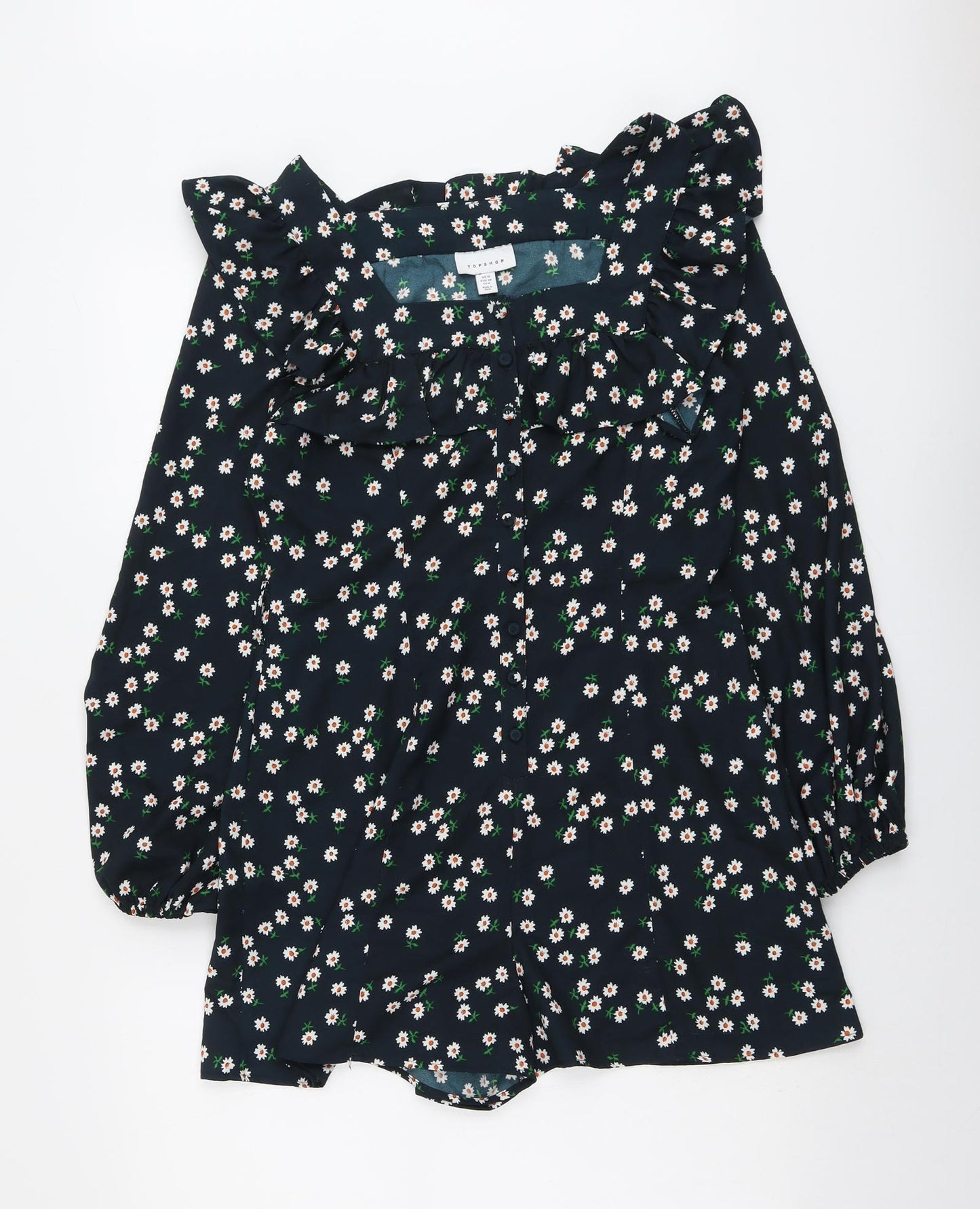 Topshop Womens Blue Floral Polyester Playsuit One-Piece Size 10 Button - Ruffle