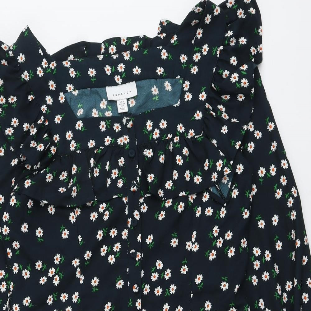 Topshop Womens Blue Floral Polyester Playsuit One-Piece Size 10 Button - Ruffle