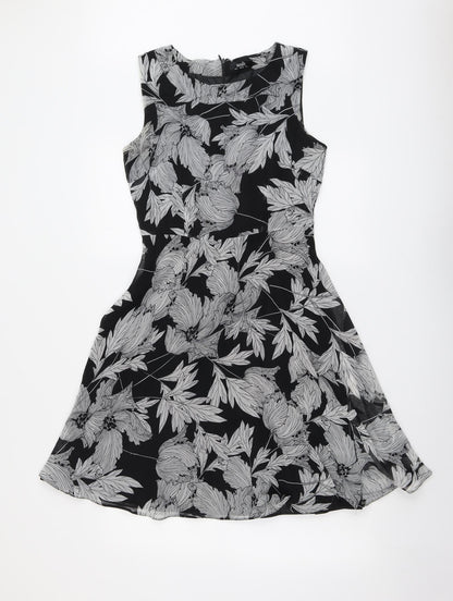 Wallis Womens Black Floral Polyester Fit & Flare Size 8 Round Neck Zip