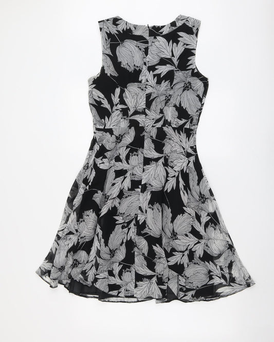Wallis Womens Black Floral Polyester Fit & Flare Size 8 Round Neck Zip