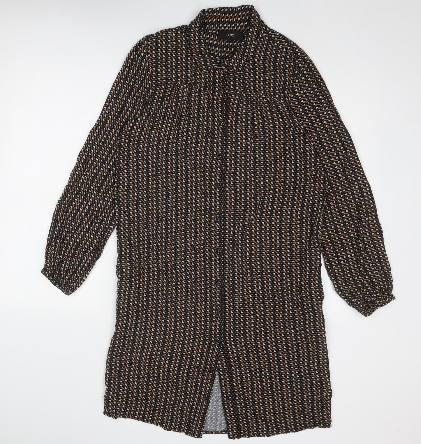 NEXT Womens Black Geometric Viscose Shirt Dress Size 12 Collared Button