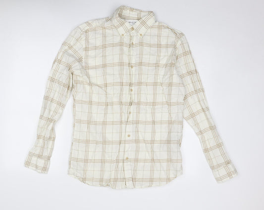 Selected Homme Mens Ivory Geometric Cotton Button-Up Size 16.5 Collared Button