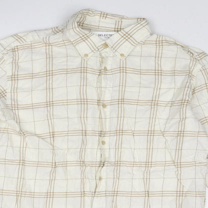 Selected Homme Mens Ivory Geometric Cotton Button-Up Size 16.5 Collared Button