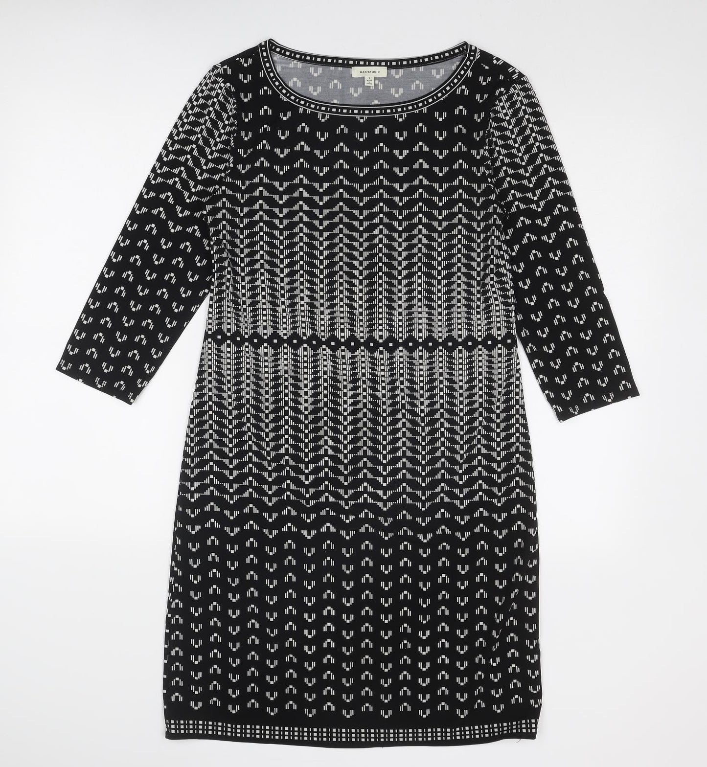 Max Studio Womens Black Geometric Polyester Shift Size S Round Neck Pullover