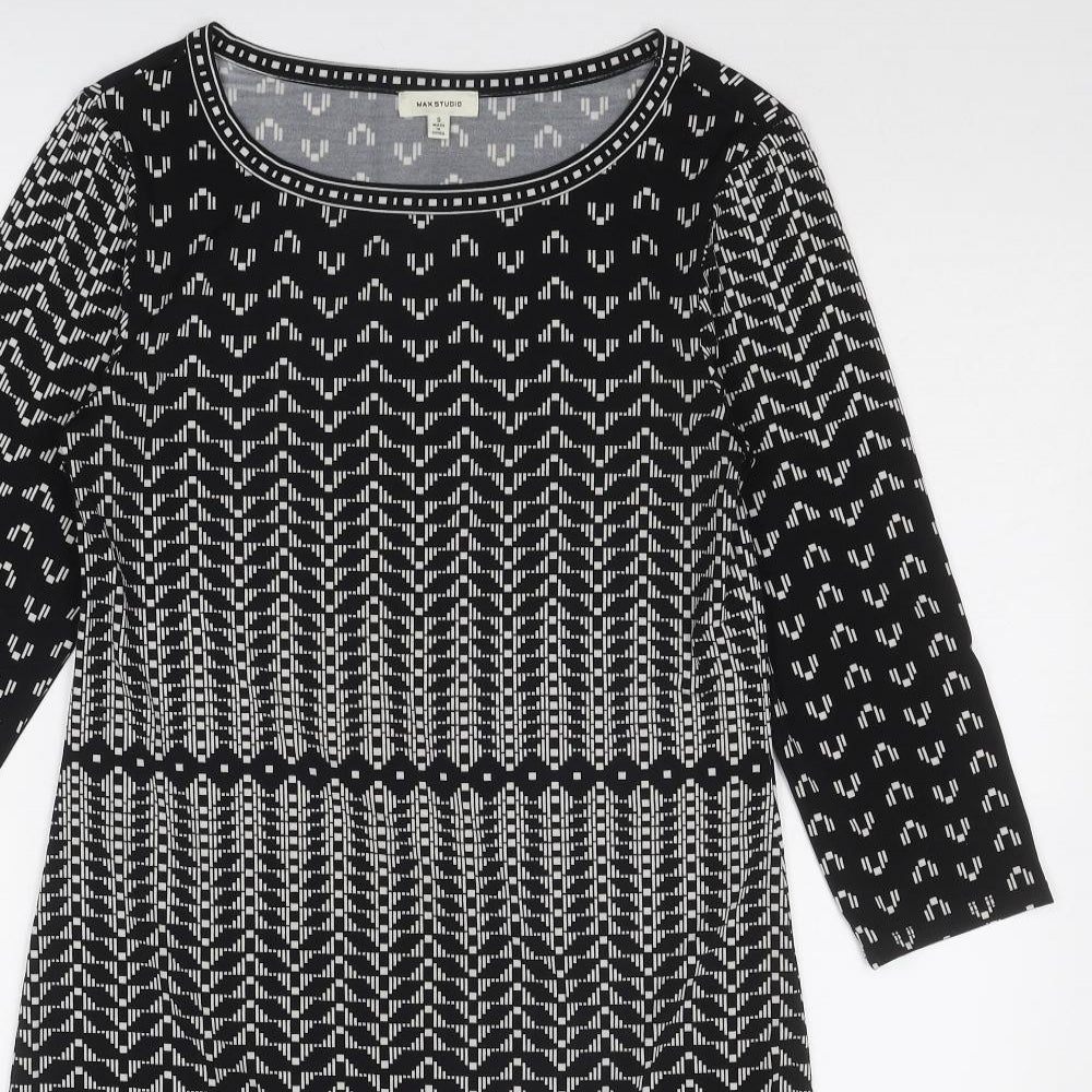 Max Studio Womens Black Geometric Polyester Shift Size S Round Neck Pullover