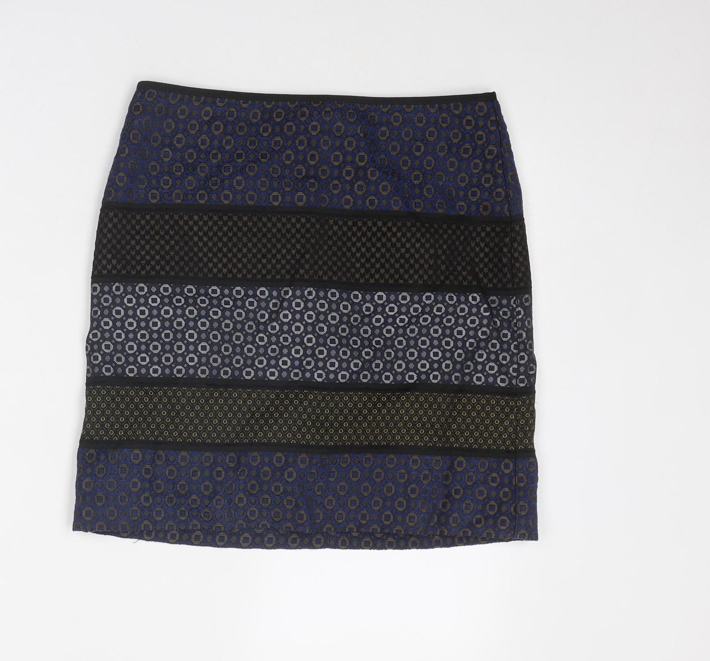 Marks and Spencer Womens Blue Geometric Polyester A-Line Skirt Size 8 Zip