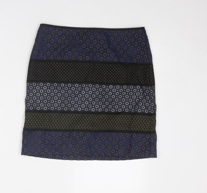Marks and Spencer Womens Blue Geometric Polyester A-Line Skirt Size 8 Zip