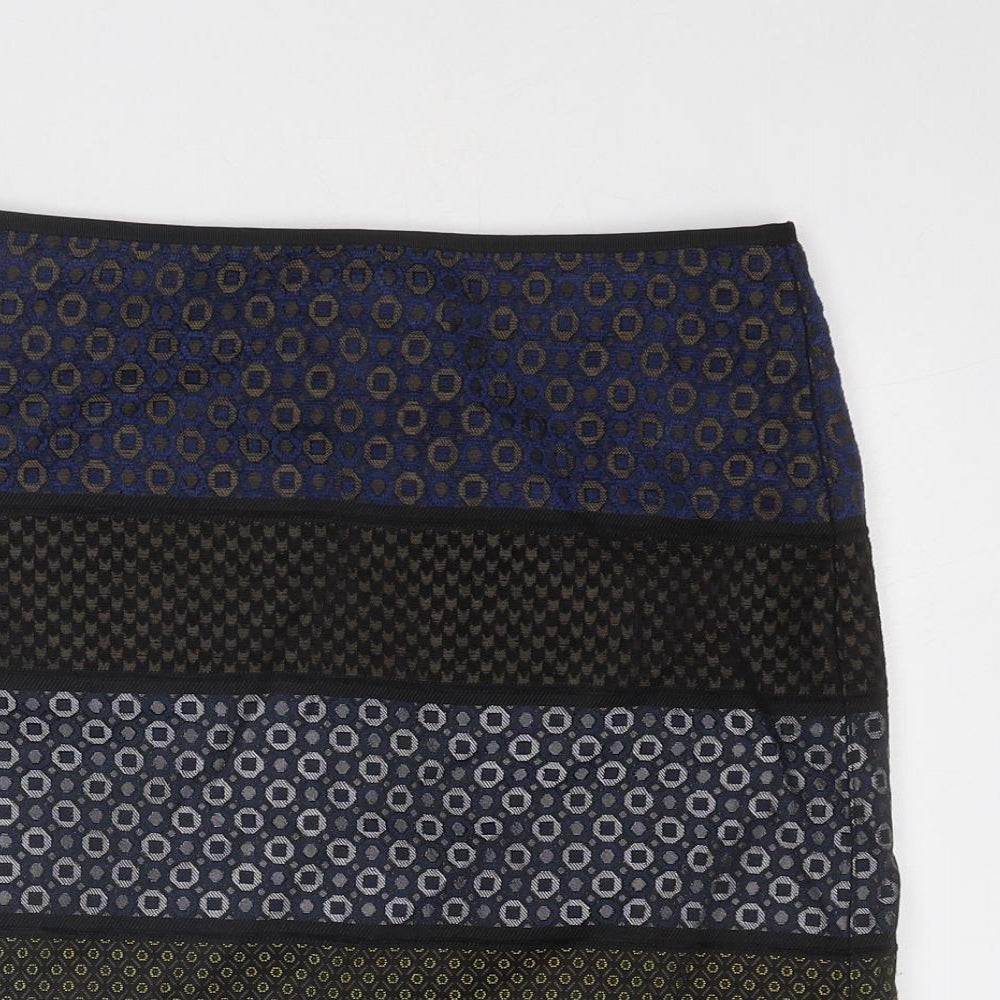 Marks and Spencer Womens Blue Geometric Polyester A-Line Skirt Size 8 Zip