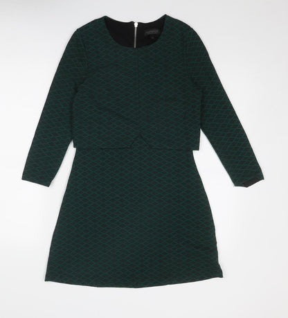 Topshop Womens Green Geometric Polyester A-Line Size 8 Round Neck Zip