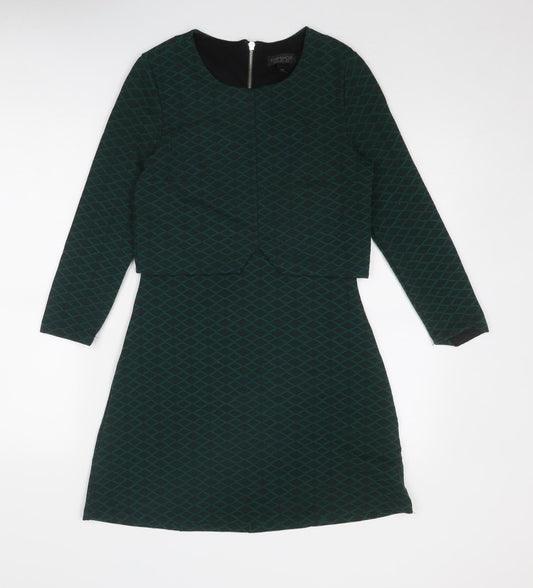 Topshop Womens Green Geometric Polyester A-Line Size 8 Round Neck Zip