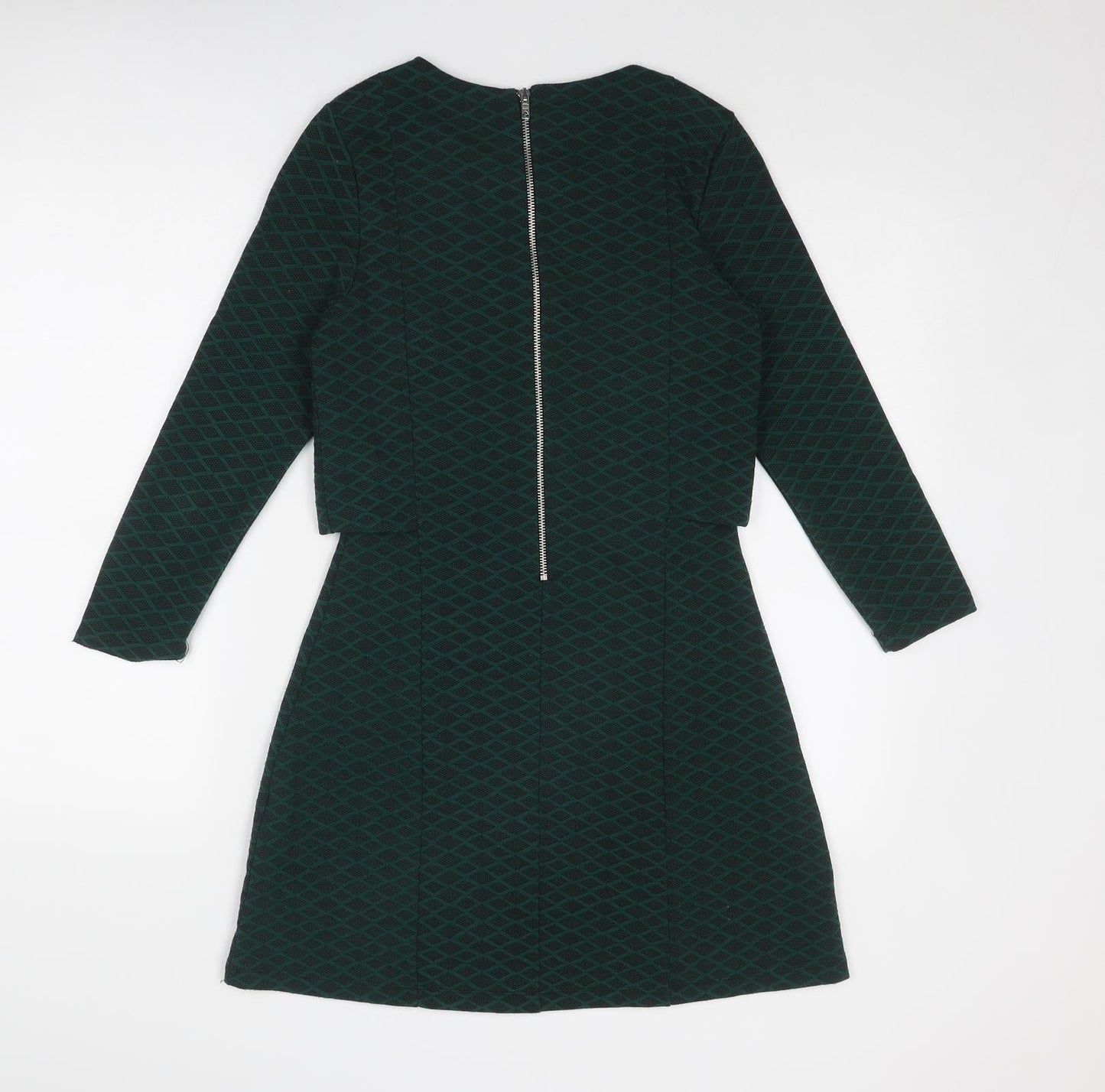 Topshop Womens Green Geometric Polyester A-Line Size 8 Round Neck Zip