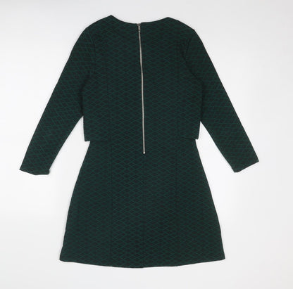 Topshop Womens Green Geometric Polyester A-Line Size 8 Round Neck Zip