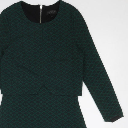 Topshop Womens Green Geometric Polyester A-Line Size 8 Round Neck Zip