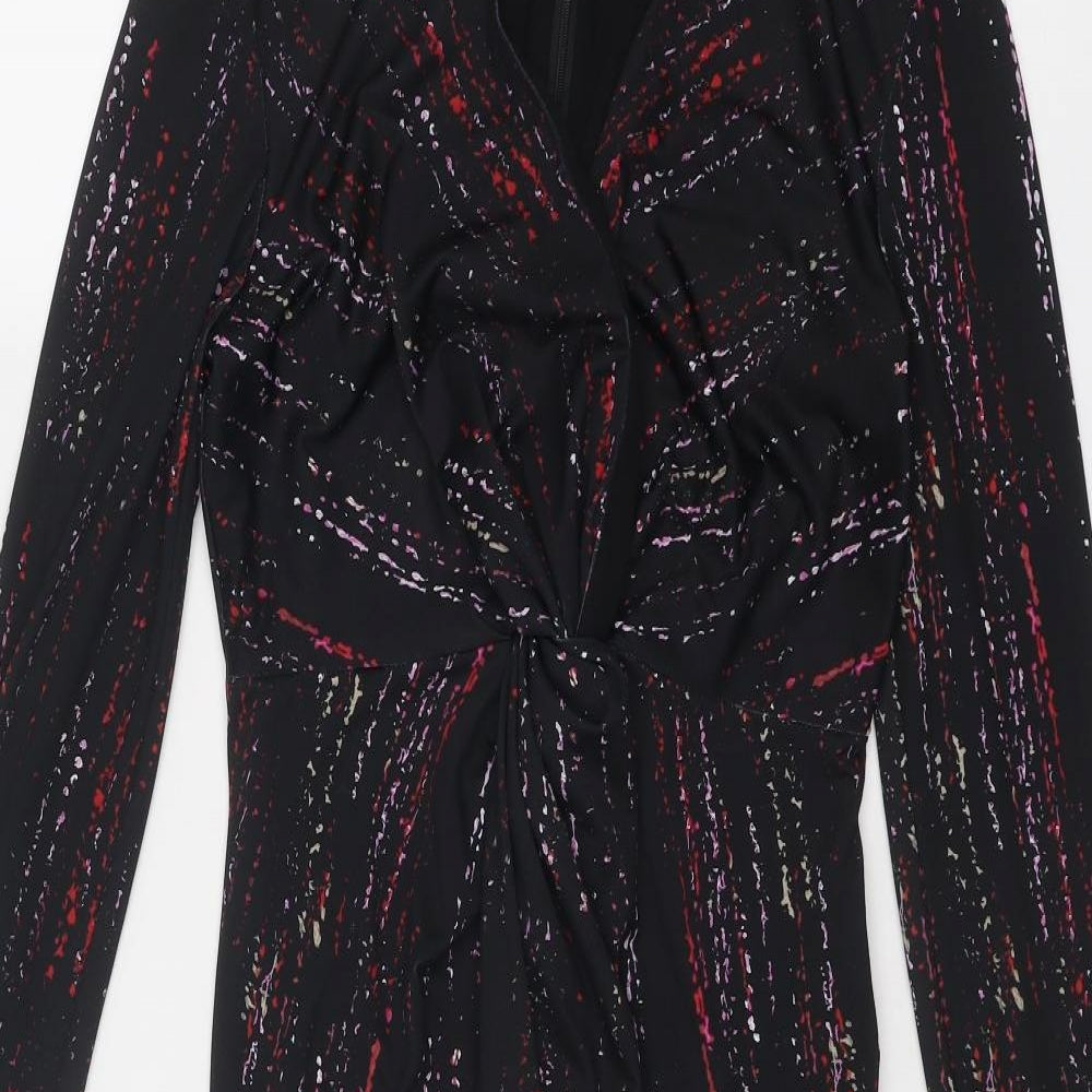 Damsel in a Dress Womens Black Geometric Polyester A-Line Size 10 V-Neck Zip - Zipped cuffs