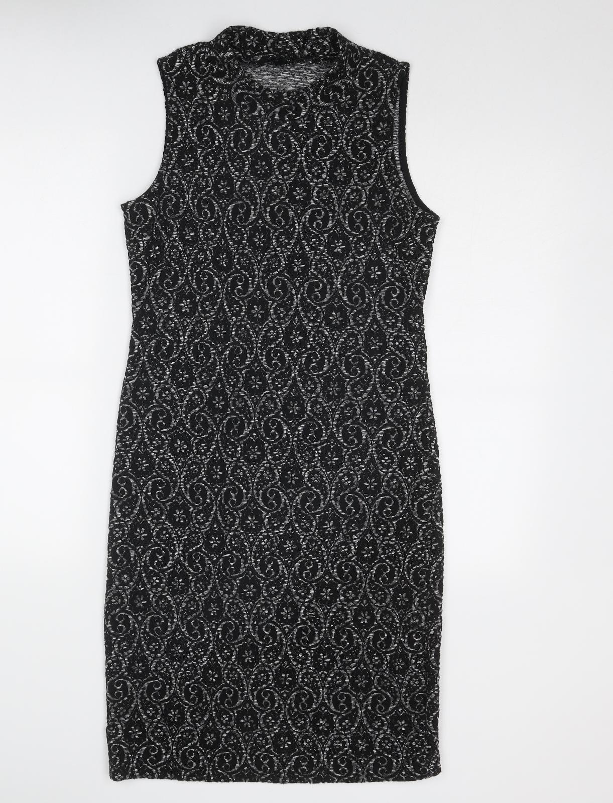 NEXT Womens Black Geometric Polyester A-Line Size 10 Round Neck Pullover