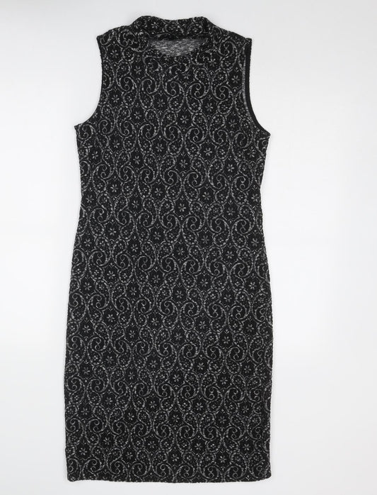 NEXT Womens Black Geometric Polyester A-Line Size 10 Round Neck Pullover