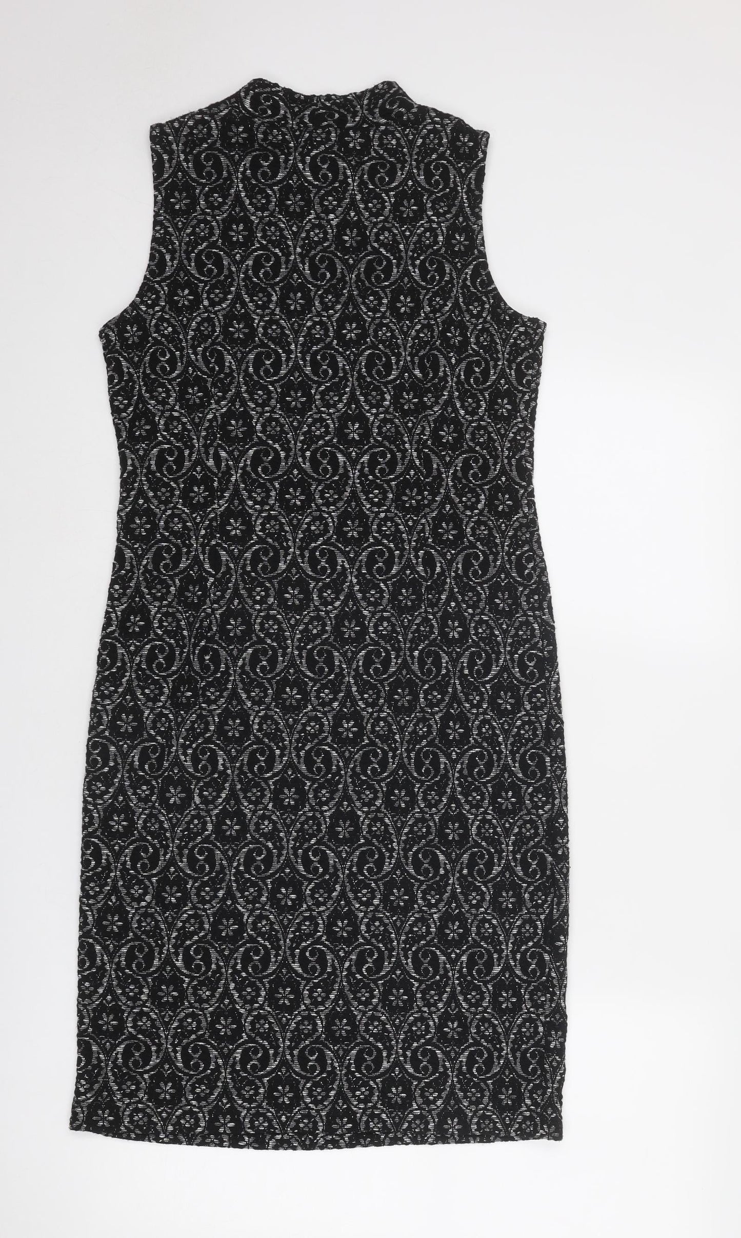 NEXT Womens Black Geometric Polyester A-Line Size 10 Round Neck Pullover