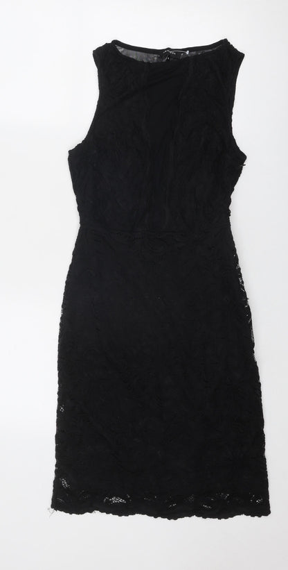 New Look Womens Black Geometric Polyester Shift Size 10 Round Neck Zip