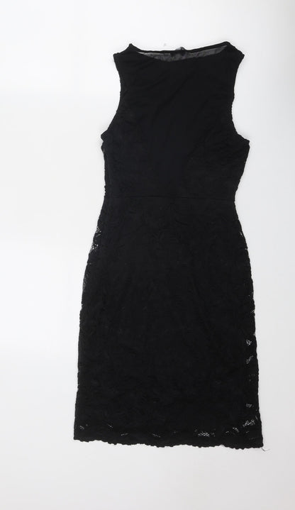 New Look Womens Black Geometric Polyester Shift Size 10 Round Neck Zip