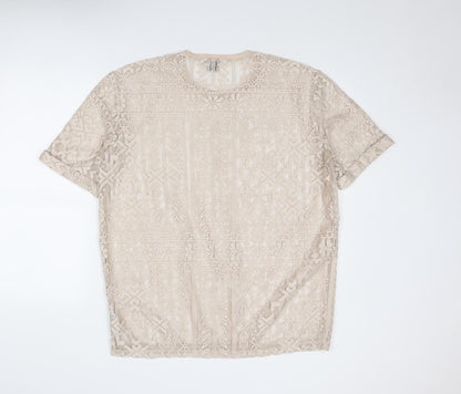 Boohoo Womens Beige Polyester Basic Blouse Size S Round Neck