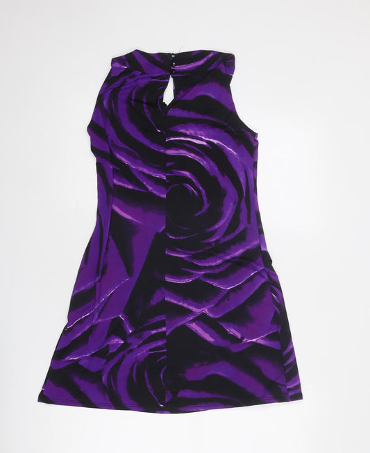 Debenhams Womens Purple Geometric Polyester A-Line Size 8 Round Neck Button