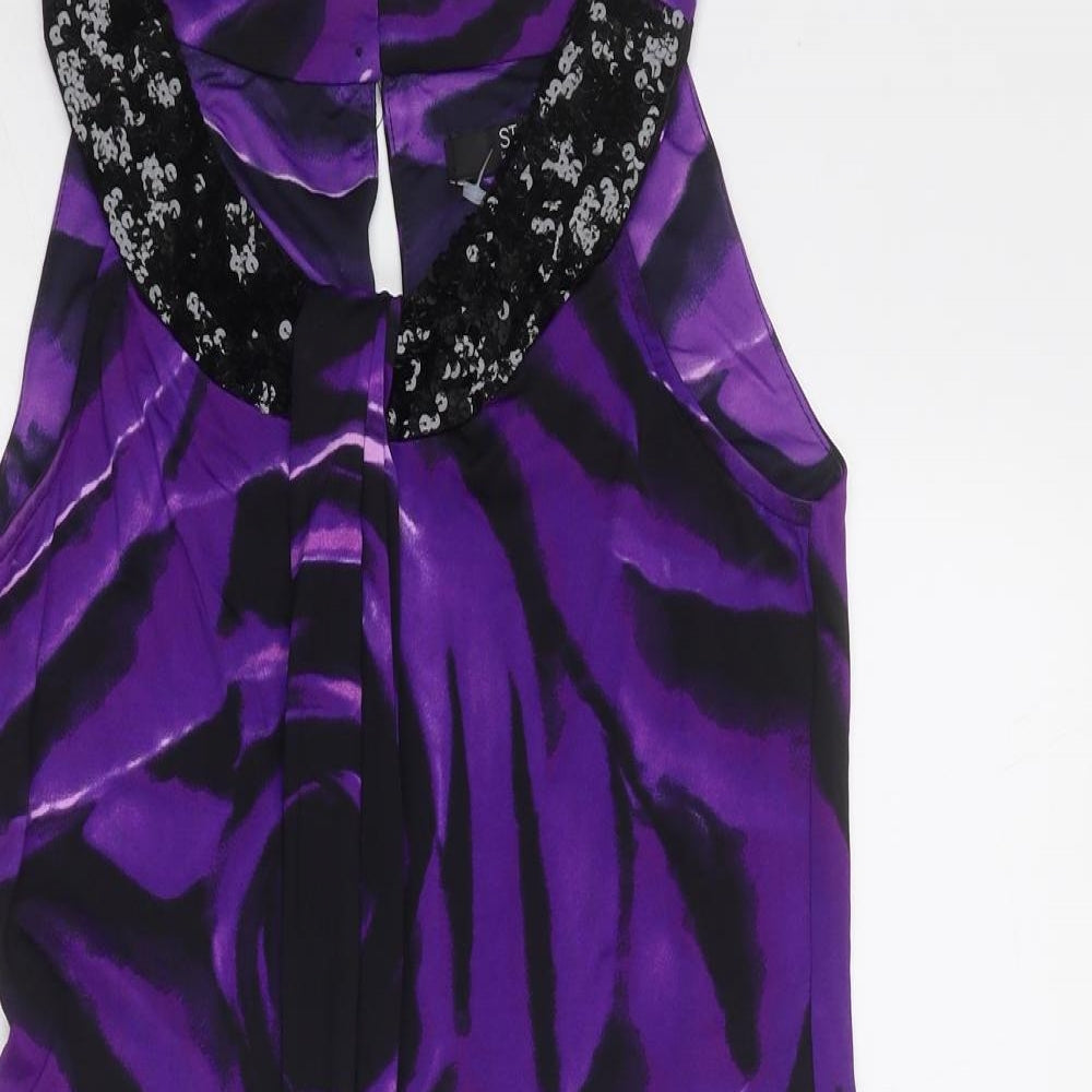 Debenhams Womens Purple Geometric Polyester A-Line Size 8 Round Neck Button