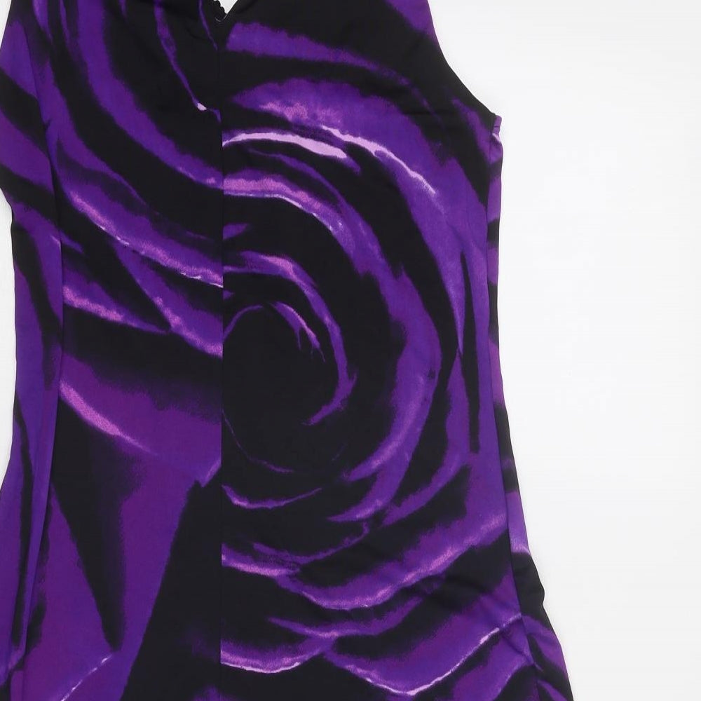 Debenhams Womens Purple Geometric Polyester A-Line Size 8 Round Neck Button