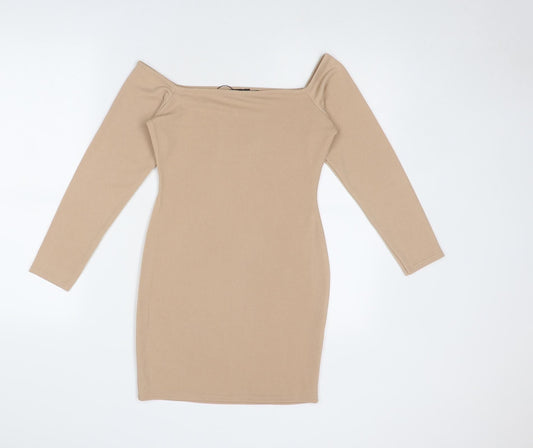PRETTYLITTLETHING Womens Beige Polyester Bodycon Size 6 Square Neck Pullover
