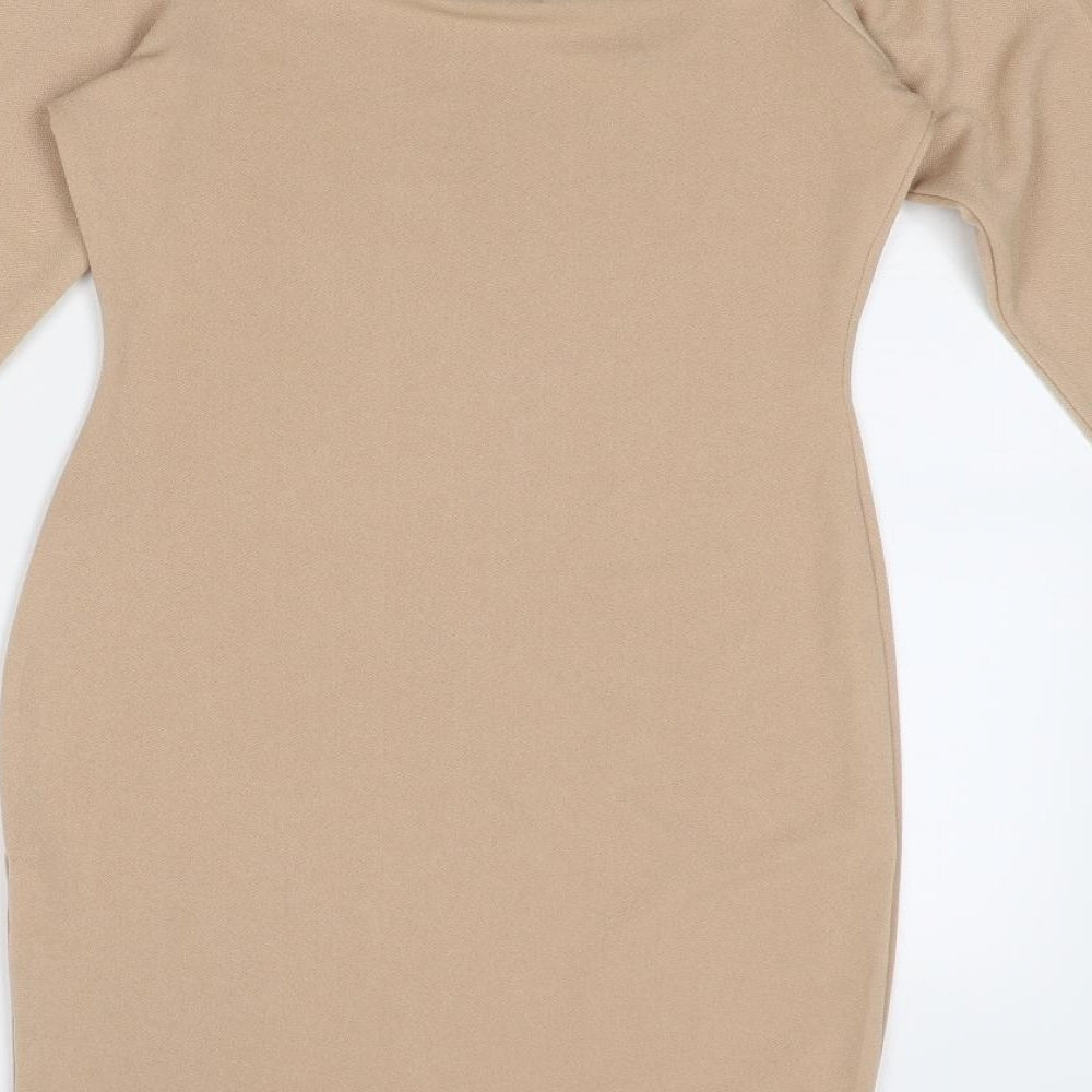 PRETTYLITTLETHING Womens Beige Polyester Bodycon Size 6 Square Neck Pullover