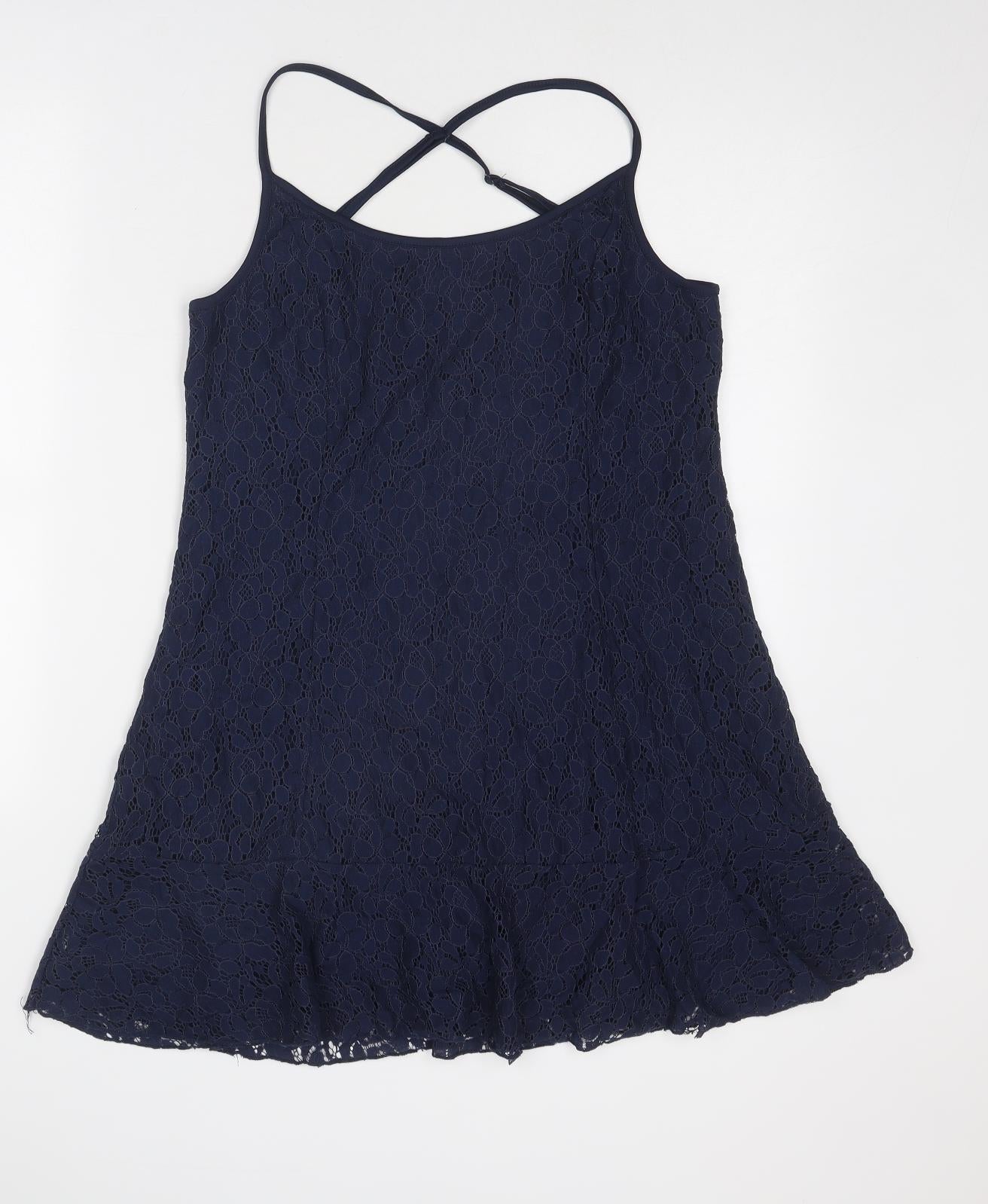 Cotton On Womens Blue Floral Polyamide Slip Dress Size L Round Neck Pullover