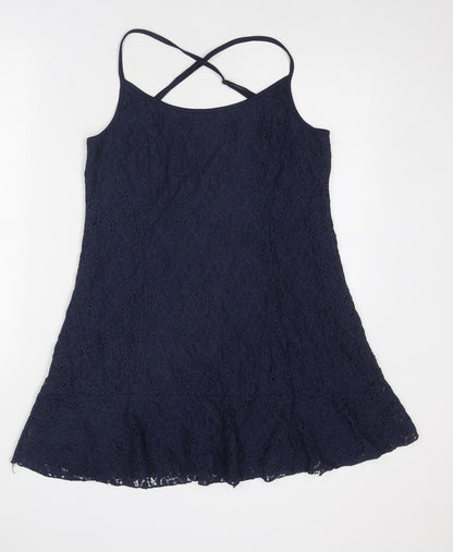 Cotton On Womens Blue Floral Polyamide Slip Dress Size L Round Neck Pullover