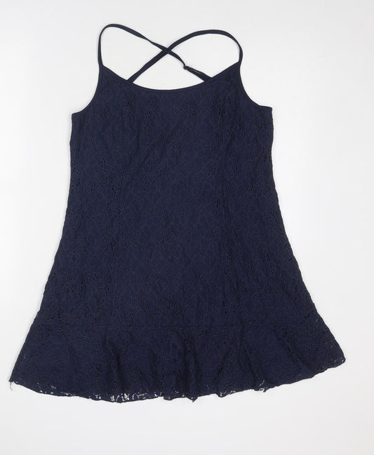 Cotton On Womens Blue Floral Polyamide Slip Dress Size L Round Neck Pullover