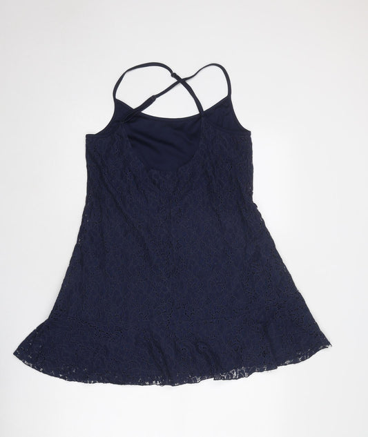 Cotton On Womens Blue Floral Polyamide Slip Dress Size L Round Neck Pullover