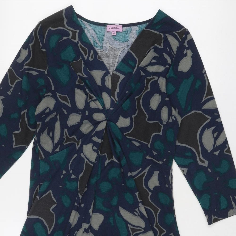 Epilogue Womens Blue Geometric Polyester Trapeze & Swing Size 12 V-Neck Pullover