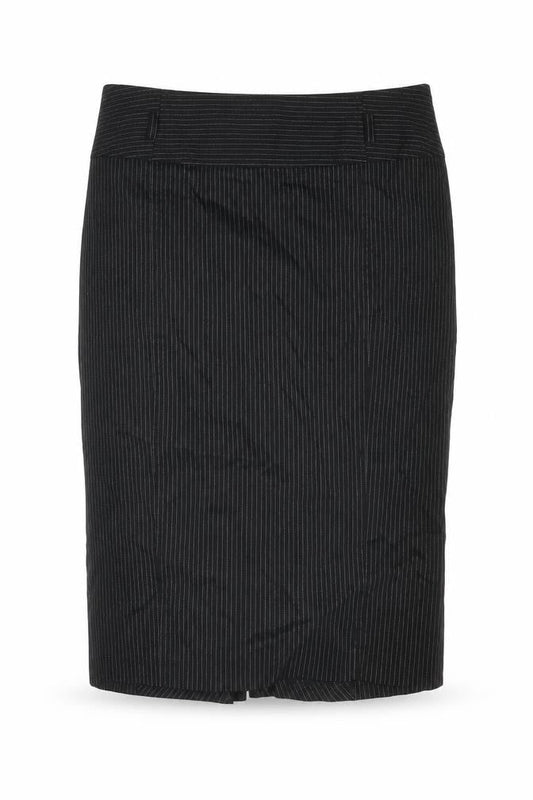 Front view of Red Herring women’s black striped cotton a-line skirt, size UK 14, zip