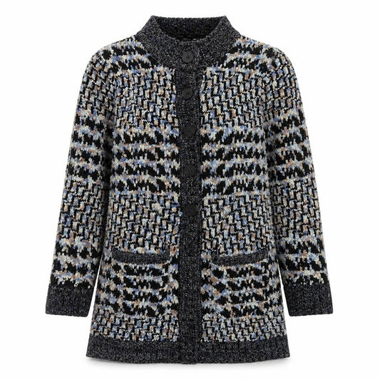 Front view of Anonymous women’s blue round neck geometric acrylic cardigan jumper, size M