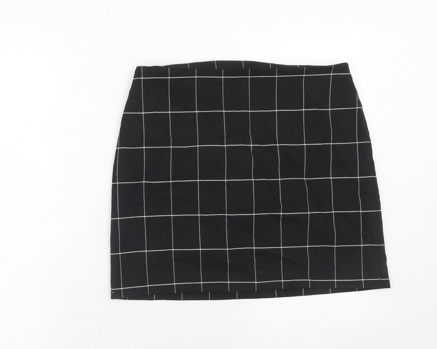 H&M Womens Black Check Polyester A-Line Skirt Size 14 Zip